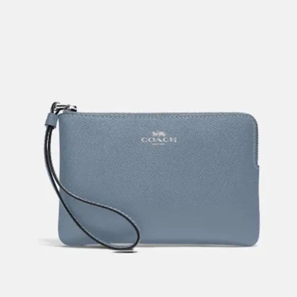 Coach Corner Zip Wristlet Silver / Blue Leather NWT